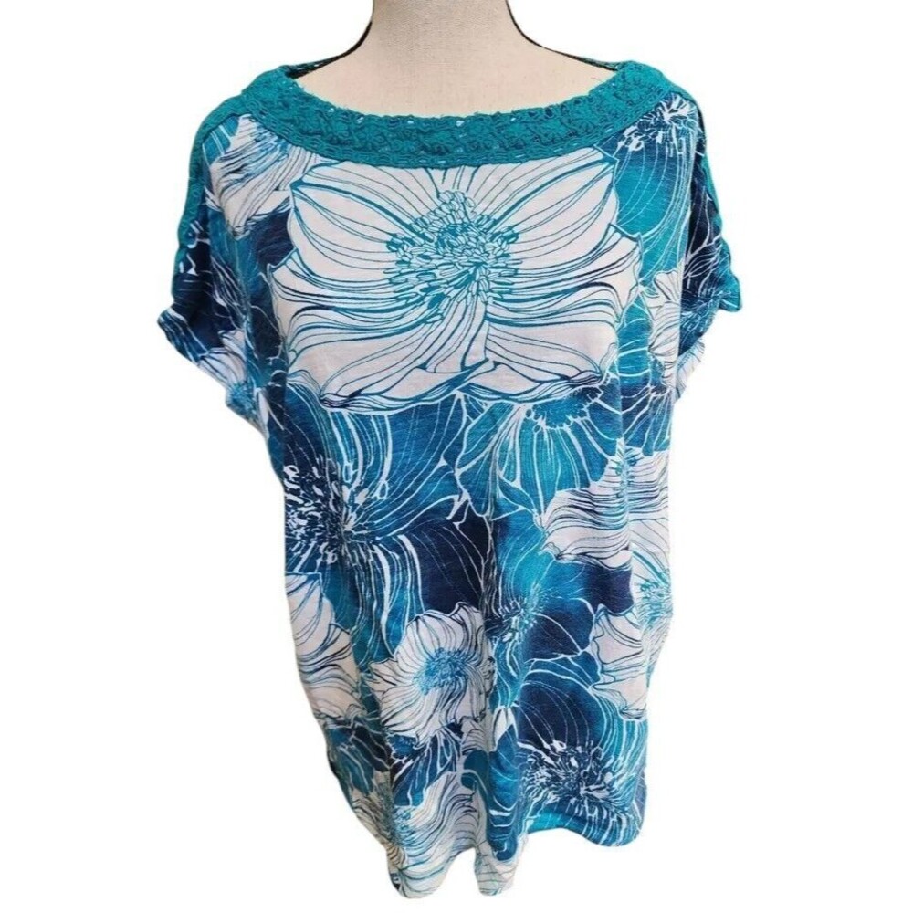 Chico's Cotton Blouse Size 3/Large Crochet Neckline Blue Print